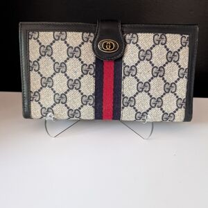 Vintage Gucci Beige GG Canvas Wallet with Navy and Red Web Stripe